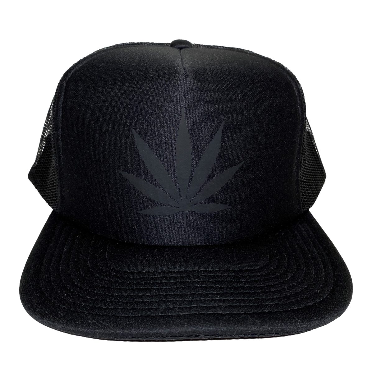 Weed Leaf Trucker Hat Black on Black Front View 2