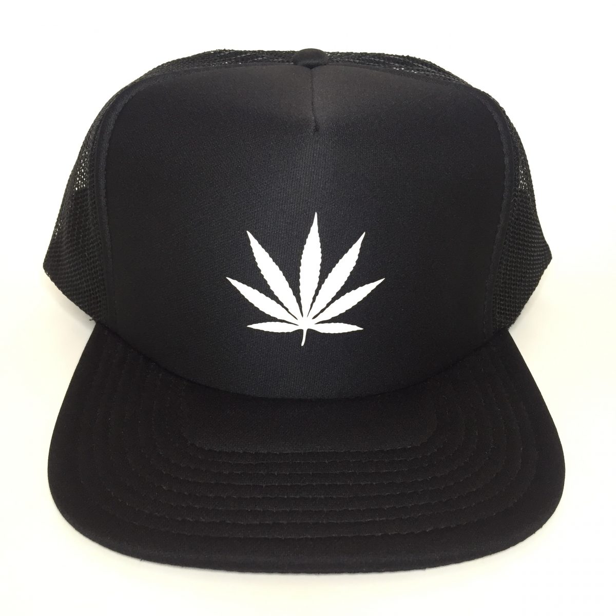 Weed Leaf Trucker Hat White on Black Front View