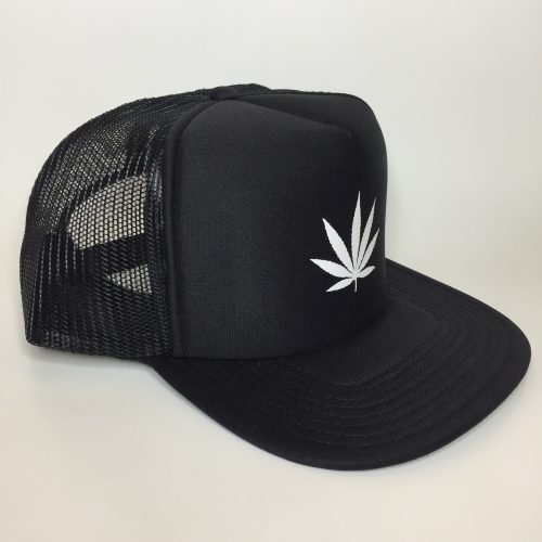 Weed Leaf White on Black Trucker Hat