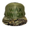 leaf_text_trucker_hat_green_on_camo_front_view
