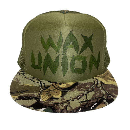 Weed Leaf Text Trucker Hat Green on Camo