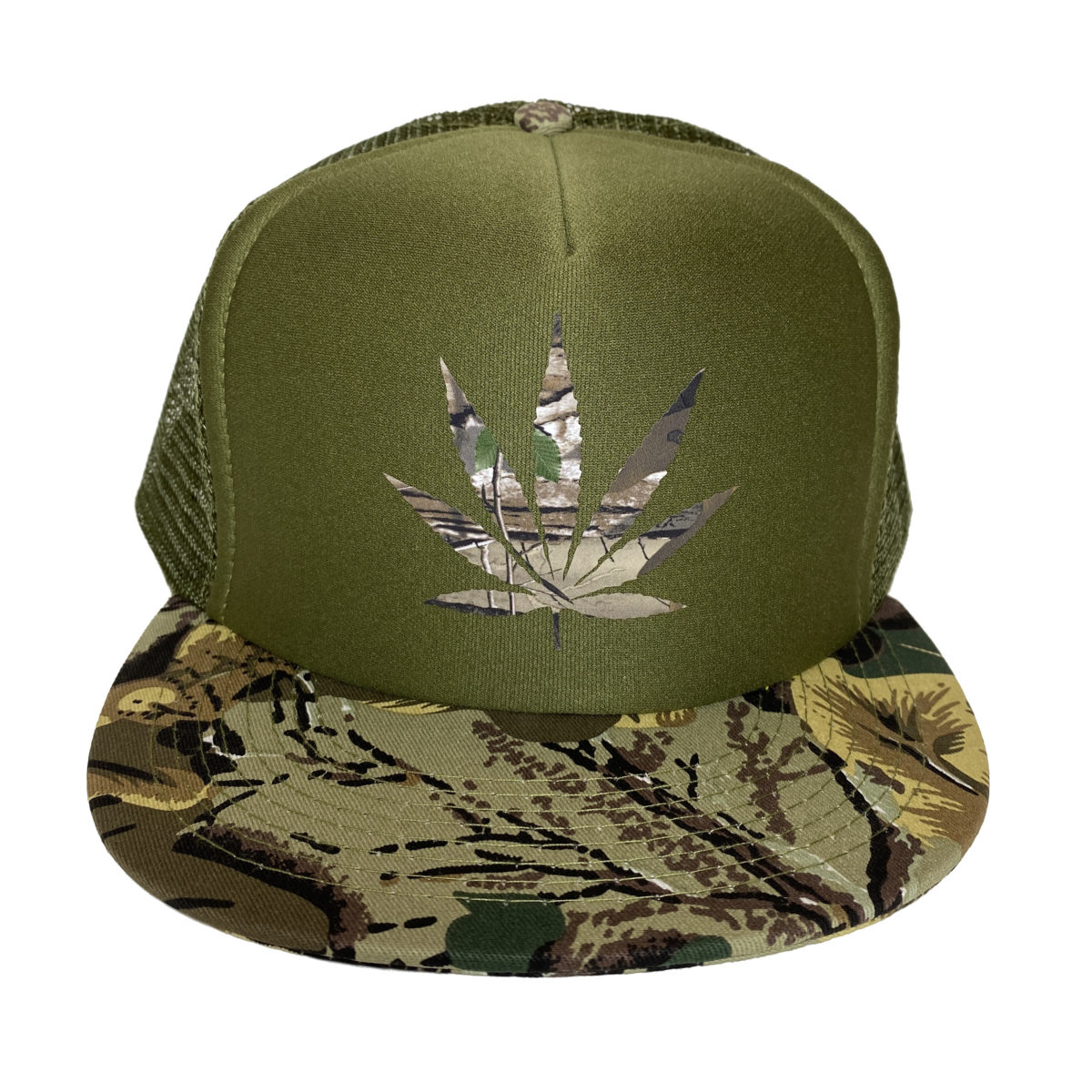 Leaf_2_Trucker_hat_Camo_on_Camo_front_view